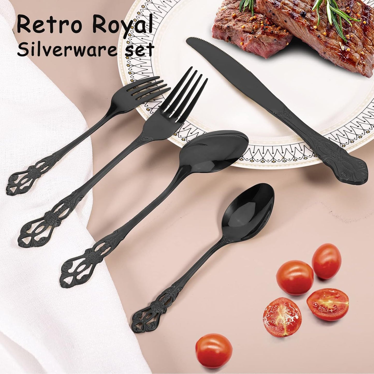 Black Silverware Set for 4, Stainless Steel Gorgeous Retro Royal Flatware Set, 20-Pieces Cutlery Tableware set, Kitchen utensils set Include Spoons And Forks Set, Mirror Finish, Dishwasher Safe
