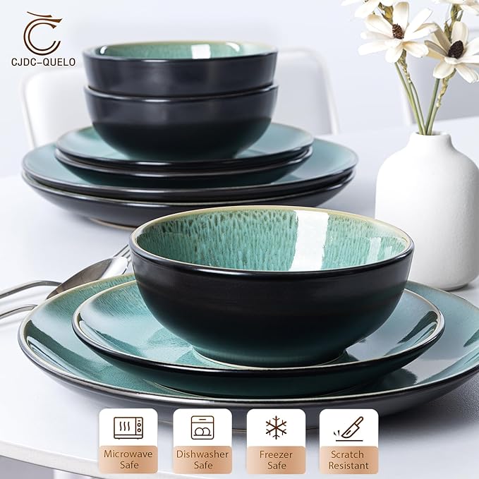 Plates and Bowls Sets for 4 - CJDC-QUELO 12-Piece Stoneware Dinnerware Sets, Ceramic Dishware Set for Kitchen Use and Formal Dining, Chip and Scratch Resistant Microwave Dishwasher Safe, Green