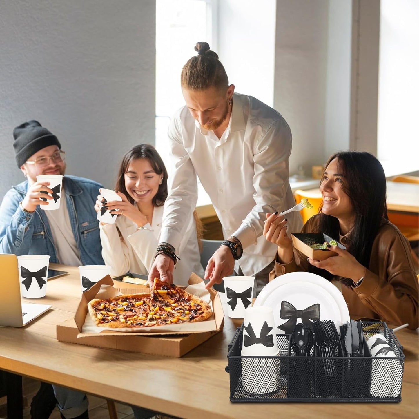 Paper Plate Holders with Wooden Handle for Countertop Cutlery Holder for Party Silverware Plastic Silverware Organizer Utensil Caddy for Kitchen,Picnic,Indoor/Outdoor Dinner Parties,BBQ