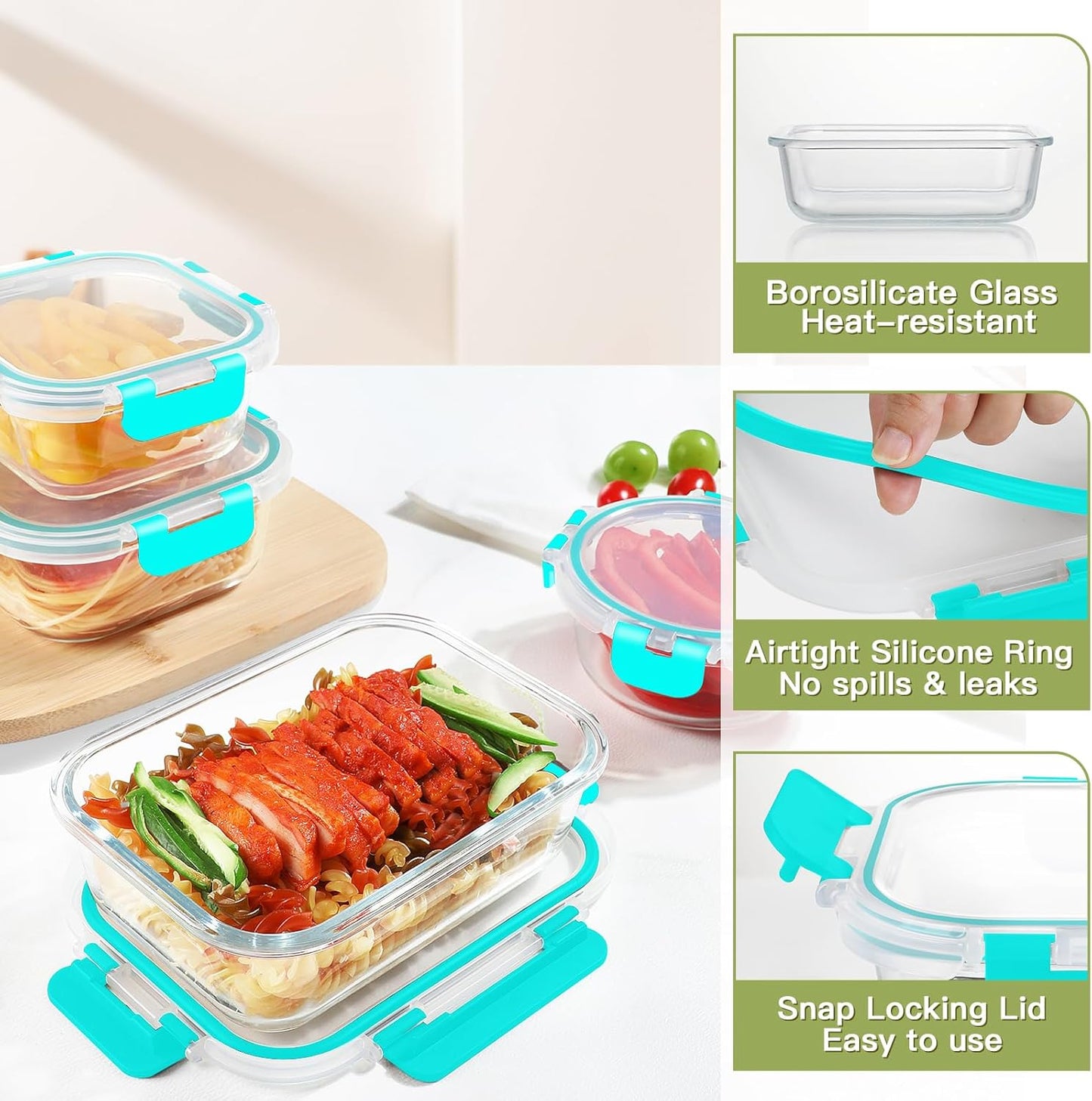 BAYZZ 30 Piece Glass Food Storage Containers Set, Glass Meal Prep Containers with Lids, Airtight Lunch Box, BPA-Free, Microwave, Freezer & Dishwasher Safe,Green