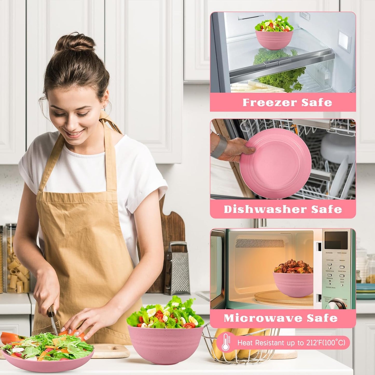 Kitchen Wheat Straw Dinnerware Sets (33pcs) Attached cleaning brush,Service For 8,Plastic Plates and Bowls Sets,Unbreakable Dinnerware,Lightweight Plastic Plate Set (pink)