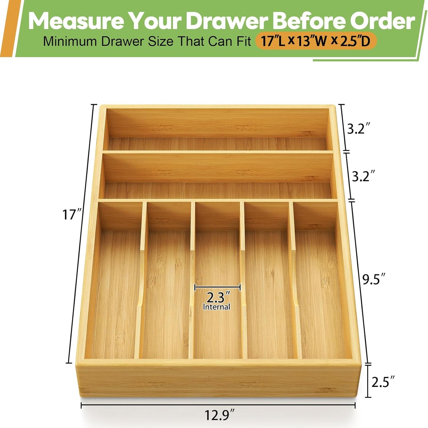 Bamboo Kitchen Silverware Drawer Organizer - 13 Inch Utensil Tray with 7 Slots and Deep Grooved Dividers for Flatware Cutlery Knives, Forks, Spoons - Kitchen Utensil Holder
