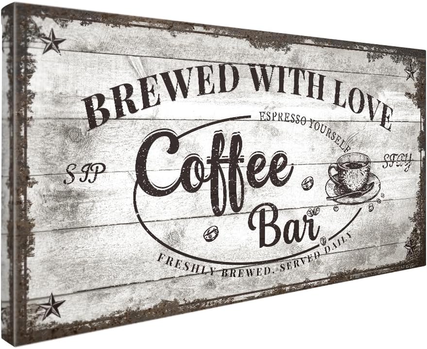 IPIC - Vintage Coffee Bar Sign Brewed with Love, Canvas Print Wall Art for Cafe, Farmhouse Style Wall Decor for Home Kitchen and Coffee Station