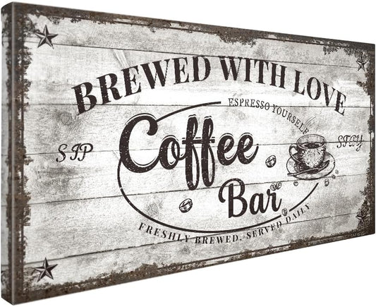 IPIC - Vintage Coffee Bar Sign Brewed with Love, Canvas Print Wall Art for Cafe, Farmhouse Style Wall Decor for Home Kitchen and Coffee Station
