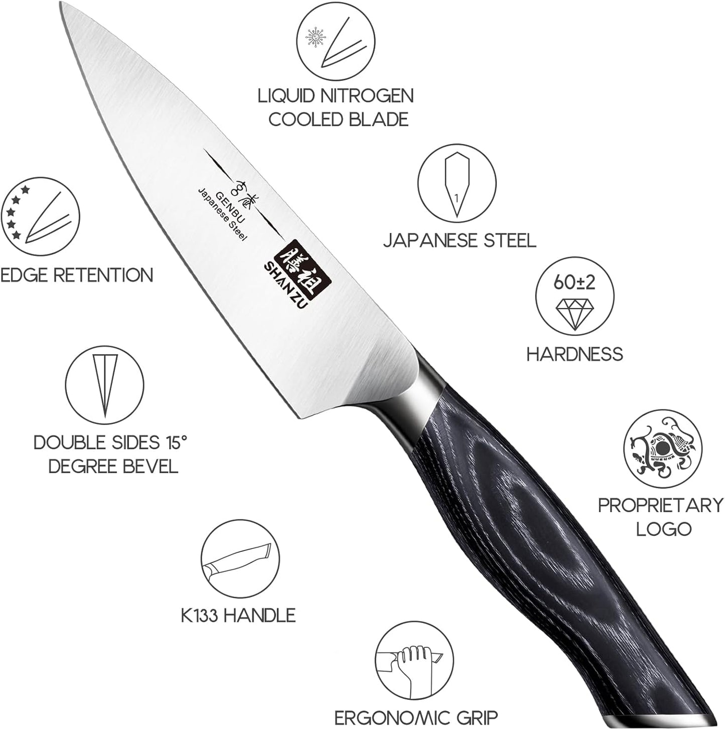 SHAN ZU 3.75 Inch Paring Knife, Japanese Super Steel Professional Fruit Knife, Ultra Sharp Carving Knife with K133 Ergonomic Handle, Black Tortoise Genbu Series
