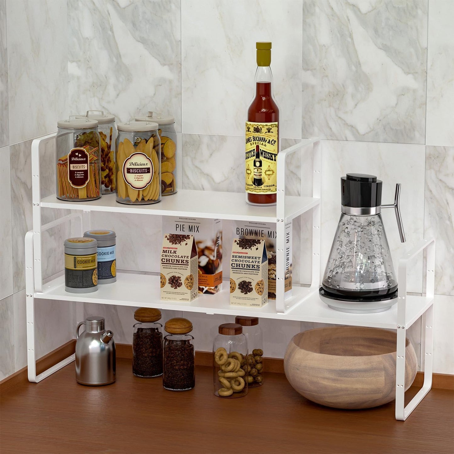 Redrubbit Expandable Cabinet Shelf Organizers, Stackable Kitchen Counter Shelves Spice Rack for Kitchen Bathroom Pantry Cupboard Desk Home Office, Metal Plate Heavy Duty Nonslip White, Set of 2