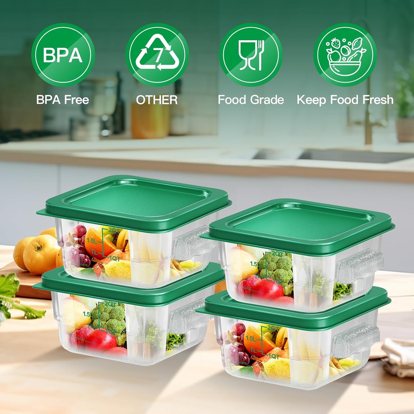 4 pcs 2qt Food Storage Containers with Lid, Square Clear Commercial Food Storage Containers with Handle and Scale for Food Storage in Home Kitchen & Dining (Rreen)