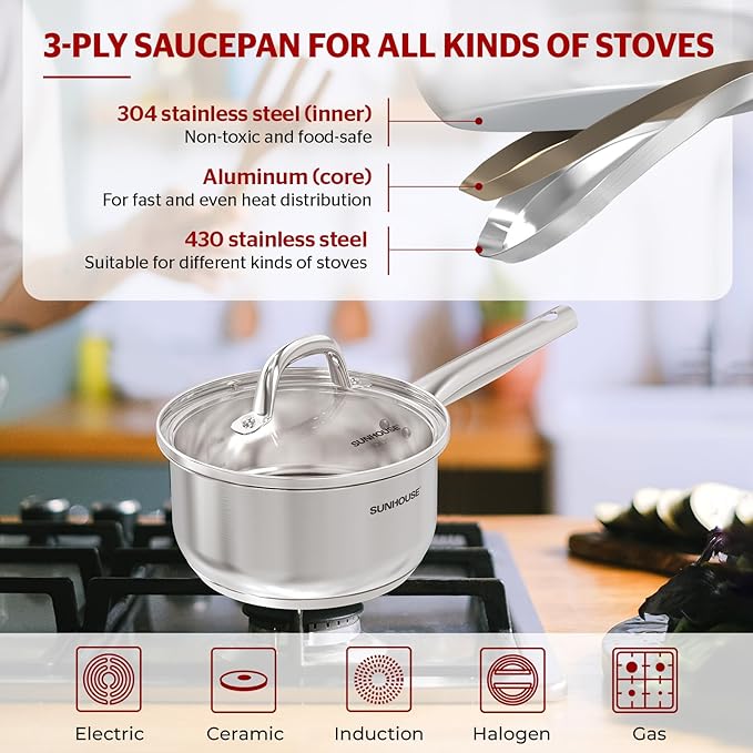 SUNHOUSE – 2 Quarts Stainless Steel Sauce Pan with Lid - PFOA-FREE, High Stainless Steel Sauce Pan, Advanced Impact Bonding Induction Base, Stay-Cool Handle, Compatible with All Cooktops