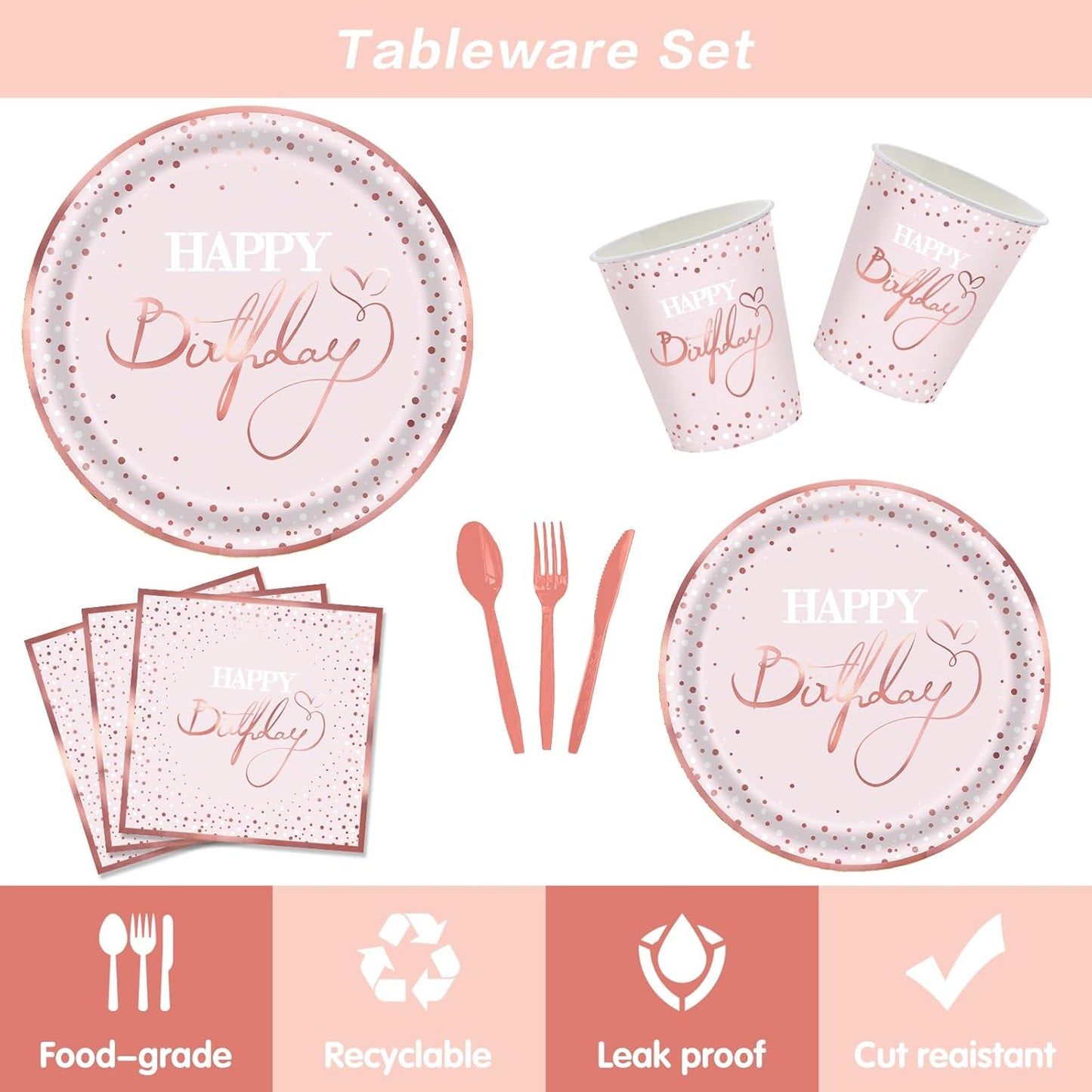 140 Pcs Pink Rose Gold Birthday Decorations for Women Golden Dot Paper Plates Napkins Cups for Baby Shower Decorations Serves 20