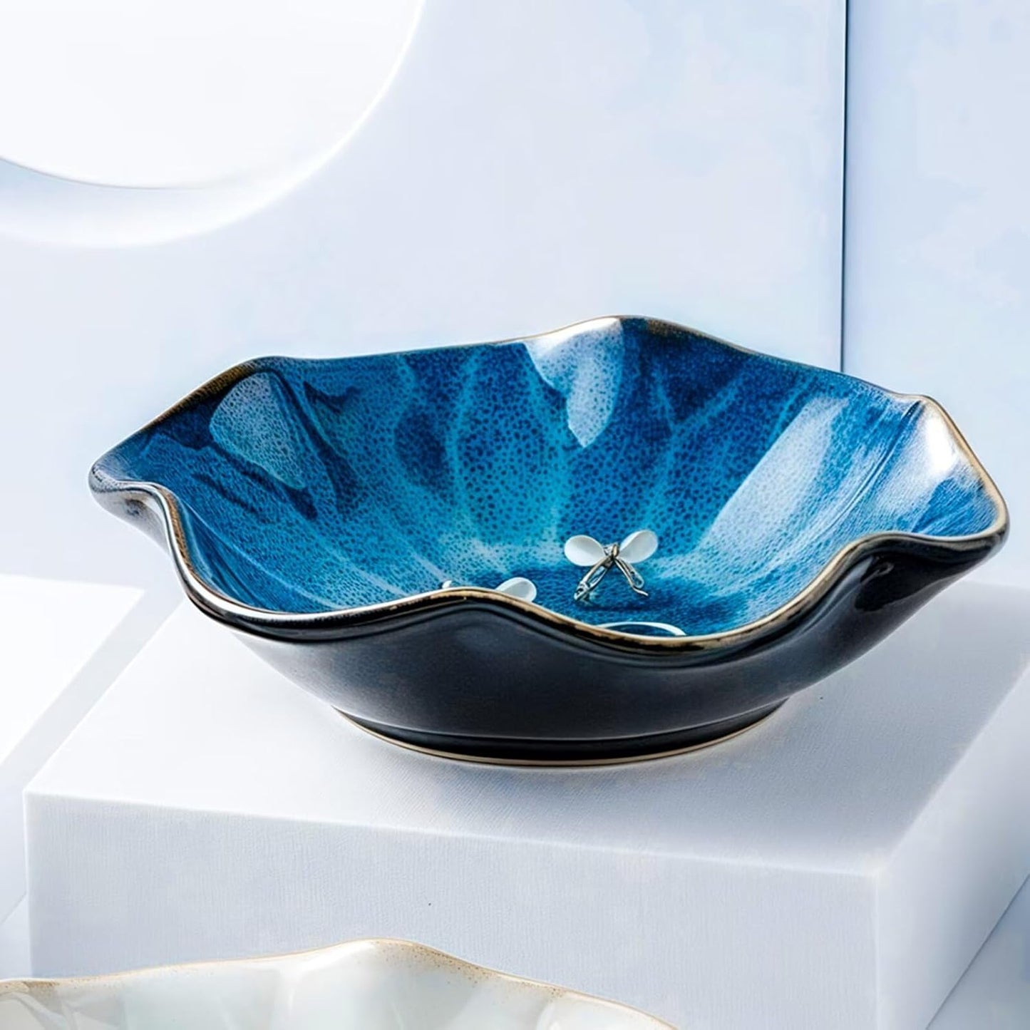 2Pcs Ceramic Jewelry Dish - Lotus Leaf Shape, for Ring Holder Necklace Small Key, Suitable for Mother Friend Sister, Gifts for Women, Cute Plate Trinket Tray, Home Decor (Blue-2PCS)