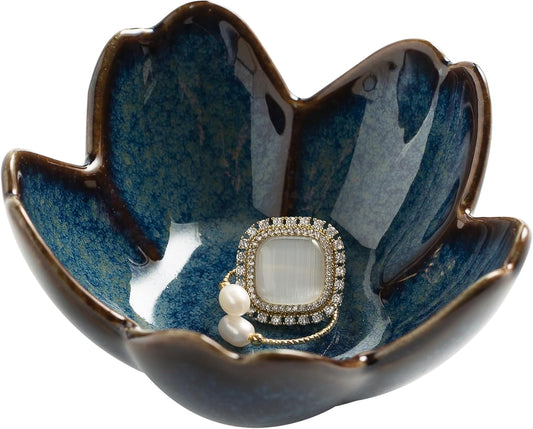 Flower Ring Holder Dish, Ceramic Jewelry Tray Dish, Small Trinket Dish, Jewelry Plate Bowl, Cute Jewlery Ring Holder Dish, Aesthetic Room Decor, Christmas Birthday Gifts for Women, 1 pack (blue)