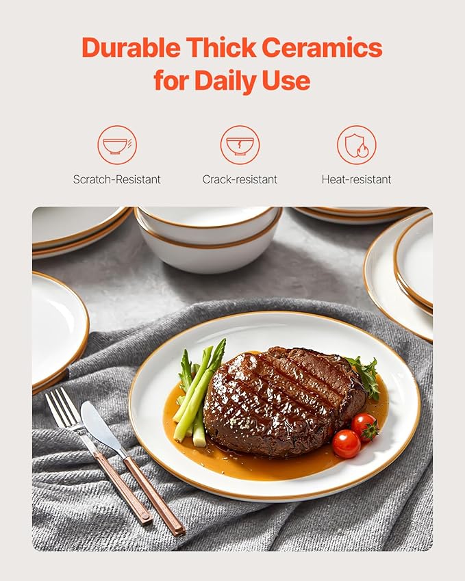 VEVOR Dinnerware Set, Service for 6 (18 PCS), Round Plates and Bowls Sets, Scratch Resistant Ceramic Dinner Ware, Dishwasher and Microwave Suitable Kitchen Dish, for Dessert Salad Soup Pasta, White