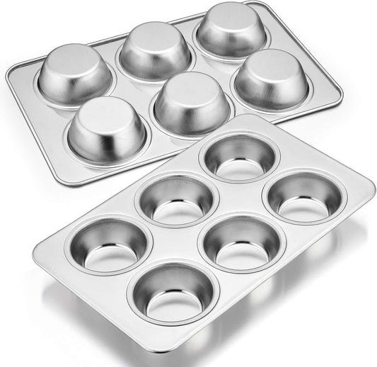 E-far Muffin Pan Set of 2, Stainless Steel Muffin Pan Tin for Baking, 6-Cup Metal Cupcake Pan Tray, Non-toxic & Healthy, Oven & Dishwasher Safe, Regular Size - 11.44 x 7.12 x 1.25 Inch