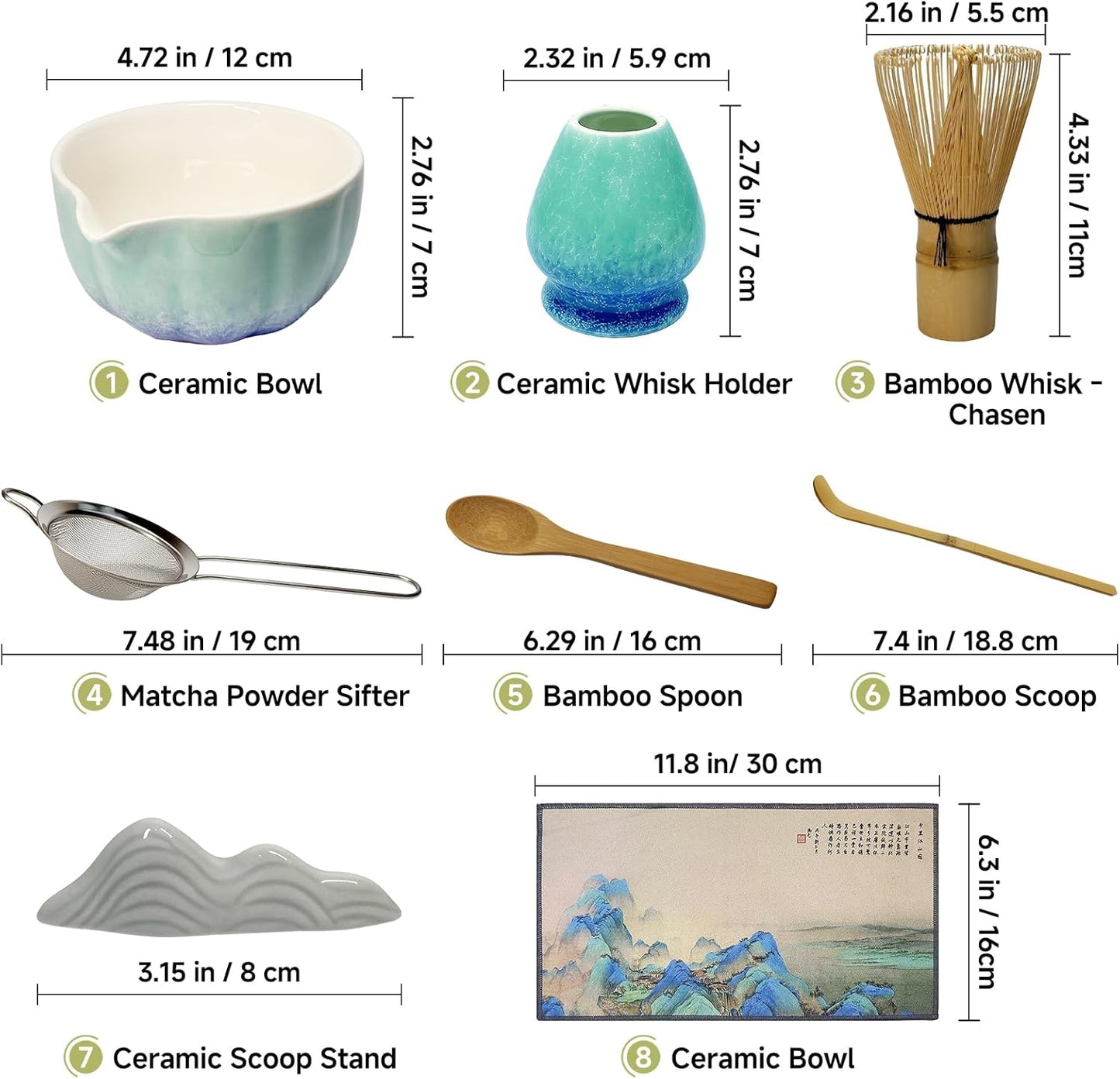 Matcha Whisk Set with Ceramic Bowl - Bamboo Whisk (Chasen), Scoop, Sifter & Holder - Complete Kit for Traditional Matcha Tea - Unique Gifts for Tea Lovers (Kiln-Frost)