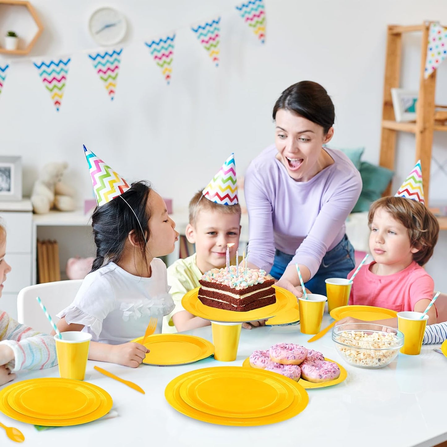 TWOWYHI 228PCS Yellow Party Supplies Set Include Paper Plates Cups Paper Napkins Plastic Spoons Forks Knives for 30 Guests Disposable Party Dinnerware for Birthday Wedding Family Picnic