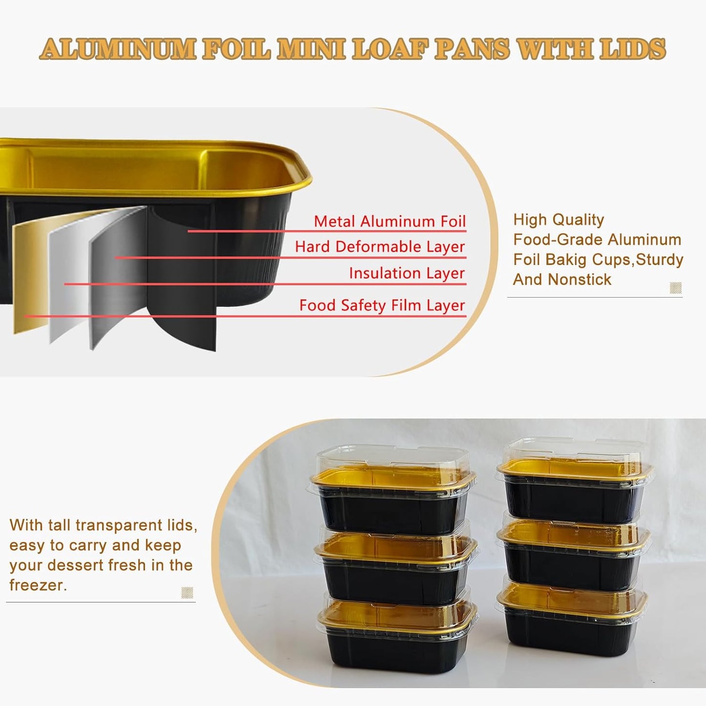 Mini Cake Pans With Lids And Spoons,5.5 oz Rectangle Mini individual Loaf Pans Disposable Aluminum Foil Small Baking Cups Tins (100, Black)