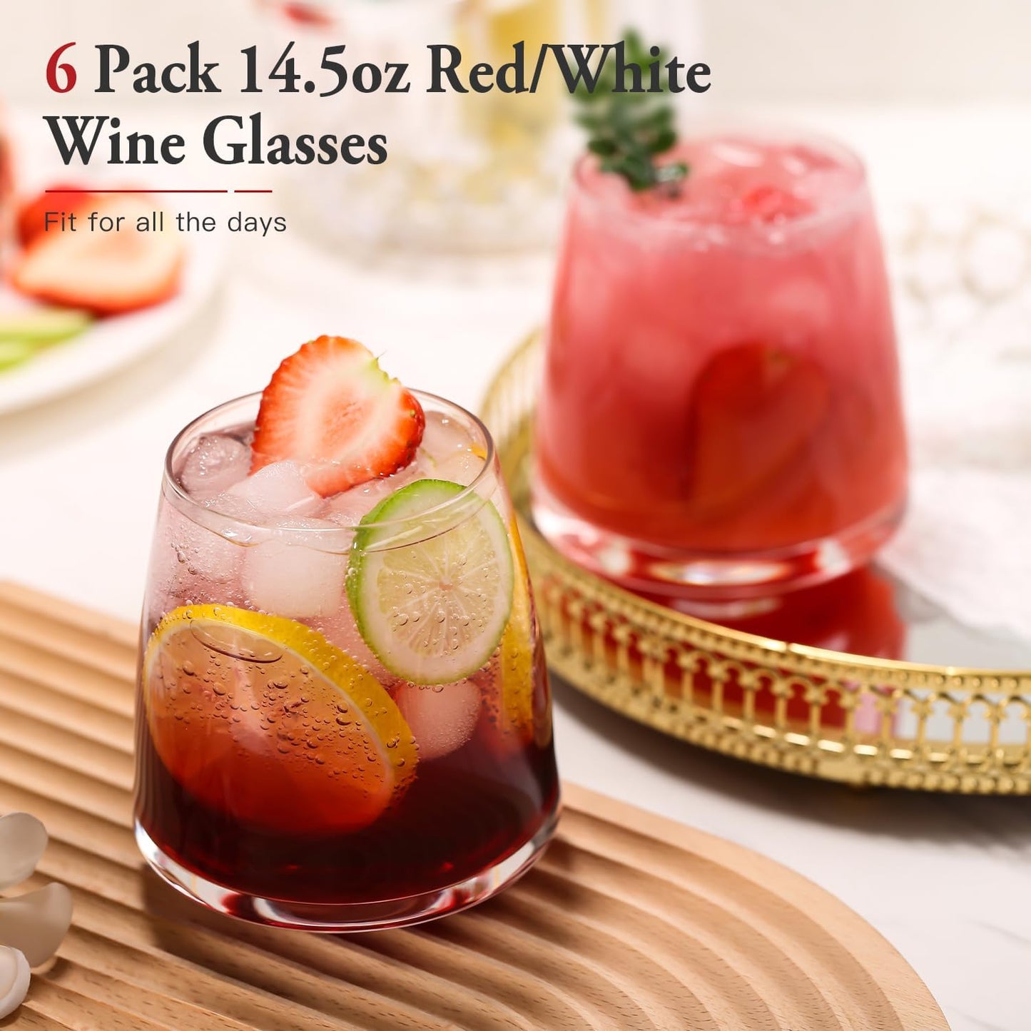 Stemless Wine Glasses Set of 6-14.5oz Hand Blown Heavy Red White Wine Glasses Unique gifts for him/her wedding, birthday, Mother's/father's day, anniversary