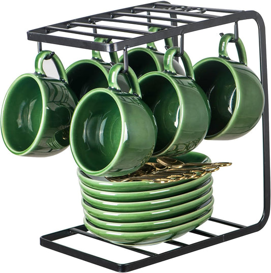 vicrays Ceramic Espresso Coffee Cups - 4 oz Porcelain Espresso Cups Set with Saucers Spoons and Metal Stand for Tea Cafe Cappuccino Latte - Set of 6 - Green