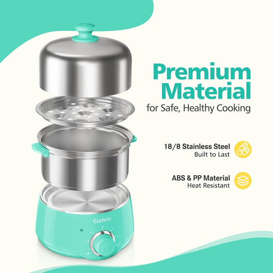 Hard Boiled Egg Cooker - CACHOO 14-Egg Rapid Stainless Steel Egg Boiler with 30-Min Timer & Auto Shut Off, Compact Electric Vegetable Steamer for Cooking, Dishwasher Safe, Aqua