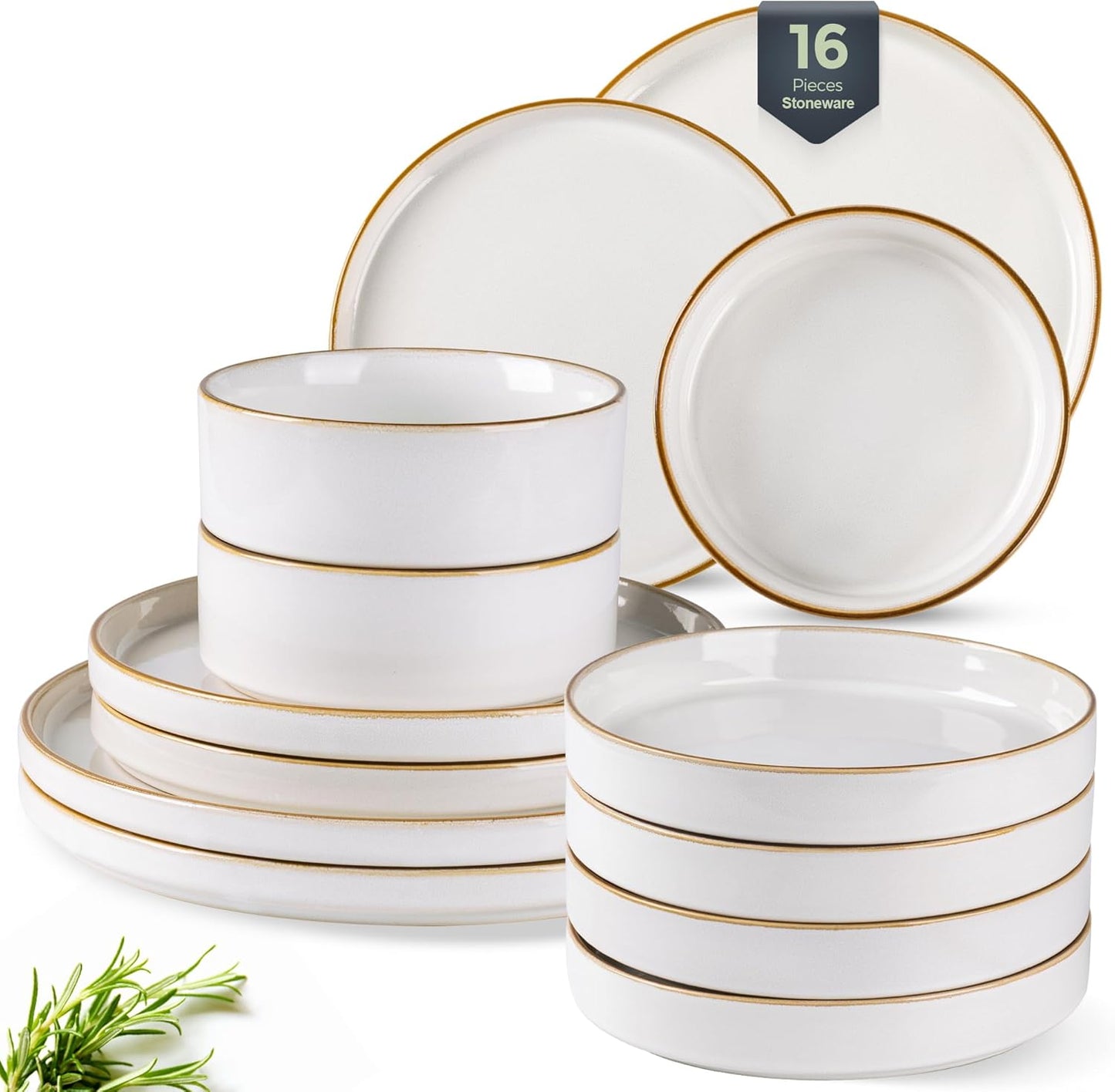GBHOME Ceramic Dinnerware Sets With Double Bowl for 4, 16 Pieces Stoneware Plates and Bowls Set, Reactive Glaze Dishes -Scratch Resistant, Dishwasher&Microwave Safe-Pearl White