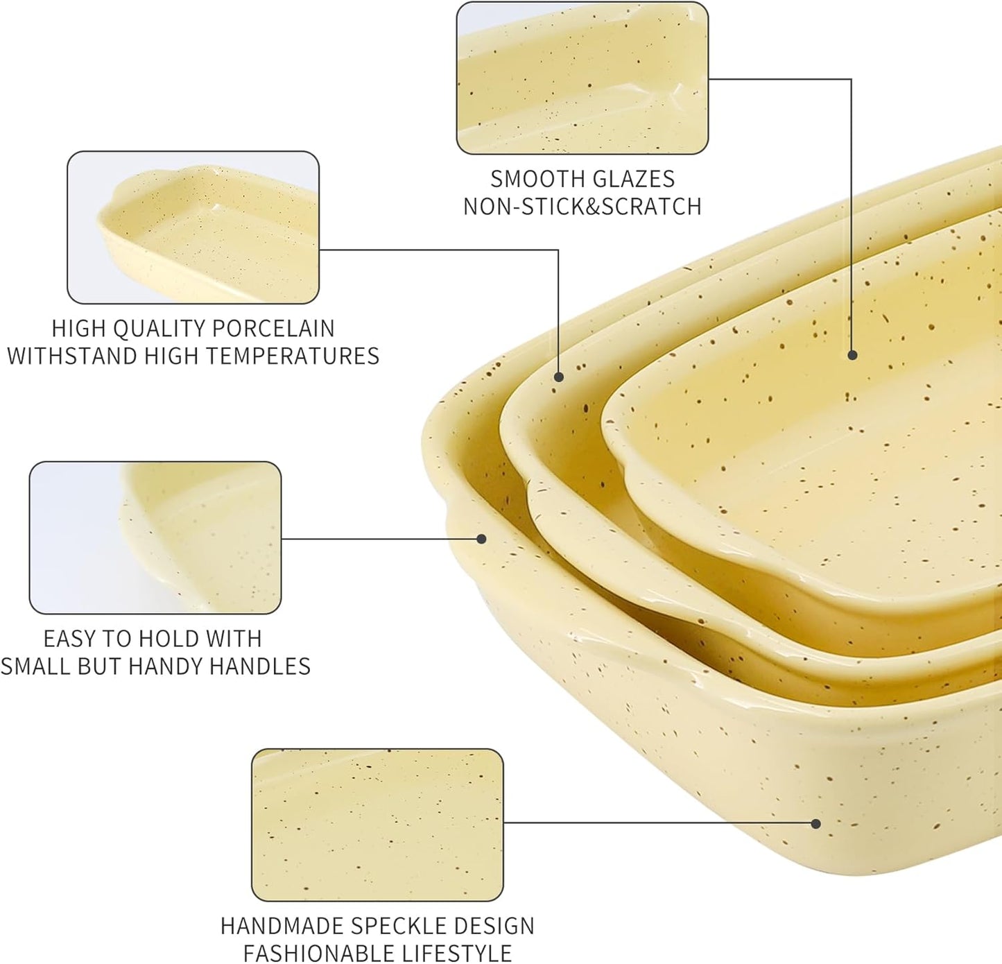 Casserole Dish Set of 3,Ceramic Bakeware for Oven,Rectangular Baking Dishes with Handles,High Heat Resistant,Colorful Speckle Stoneware Series (13.8''/12''/9.6''Yellow)