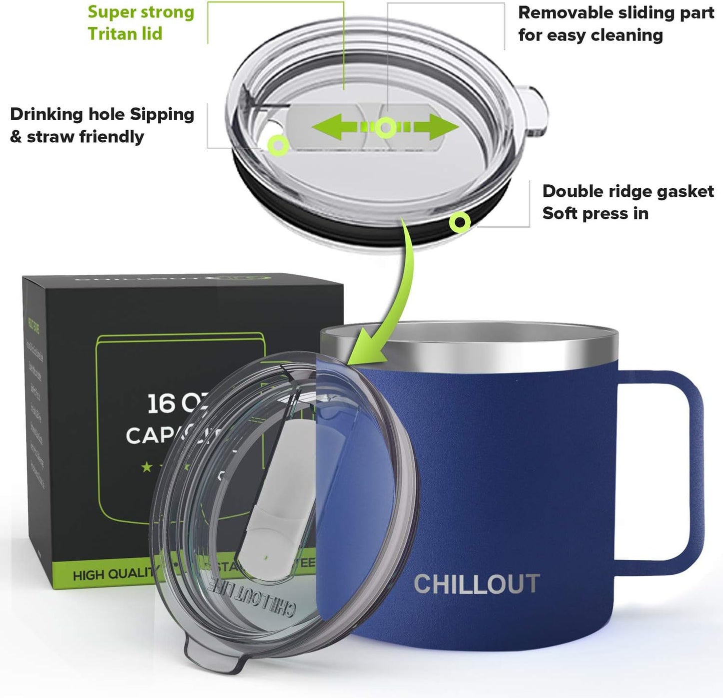 CHILLOUT LIFE Stainless Steel 16 oz Vacuum Insulated Coffee Mug with Handle and Lid, Large Thermal Camping Coffee Mug Cup with Durable Sliding Top for Men & Women - Keeps Beverages Hot/Cold