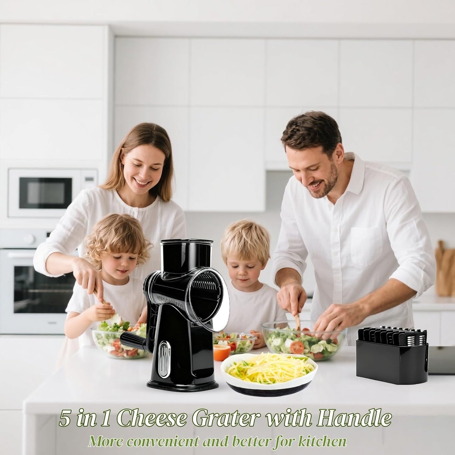 Rotary Cheese Grater with Handle, Manual Vegetable Slicer Grater with 5 Detachable Stainless Steel Blades, Round Grater Slicer Hand Crank Food Chopper for Kitchen with Blade Storage Box