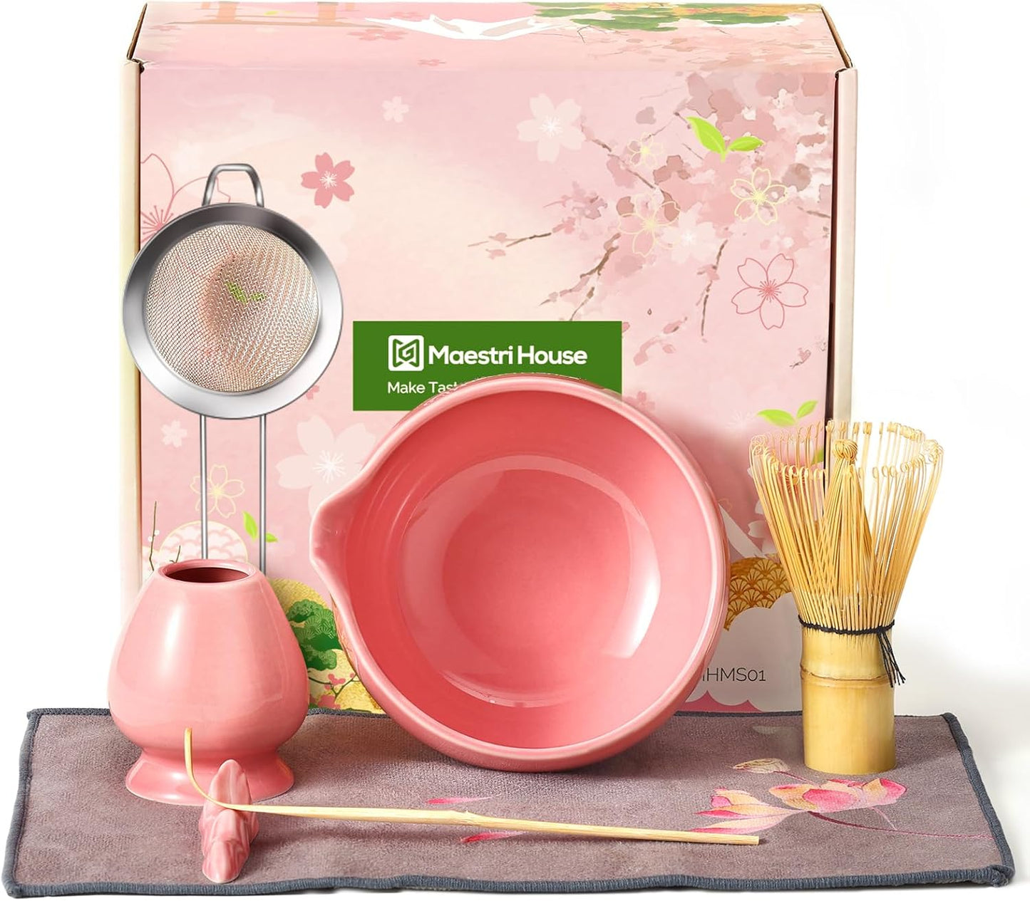 Maestri House 7 Pcs Matcha Whisk Set, Ceramic Tea Kit with Spouted Bowl, Whisk & Holder, Bamboo Scoop, Scoop Rest, Sifter & Cloth – Complete Japanese Tea Gift Set for Beginners & Tea Lovers (Pink)