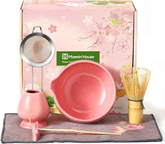 Maestri House 7 Pcs Matcha Whisk Set, Ceramic Tea Kit with Spouted Bowl, Whisk & Holder, Bamboo Scoop, Scoop Rest, Sifter & Cloth – Complete Japanese Tea Gift Set for Beginners & Tea Lovers (Pink)