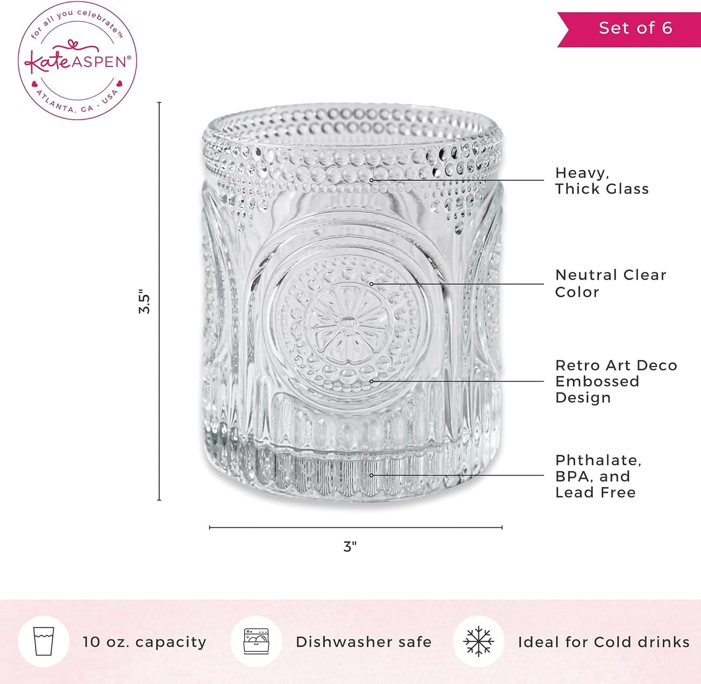 Kate Aspen Ribbed Retro Arch Floral Clear Drinking Glasses Set of 6, (10 oz) Vintage Glassware Set Cocktail Glass Set, Juice Glass, Water Cups | Great Hostess Gift & Gift for New Home Owners