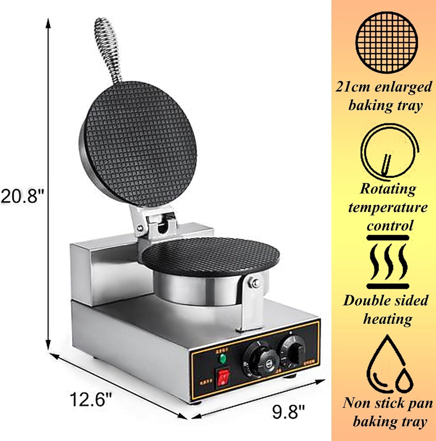 Ice Cream Cone Maker Electric Ice Cream Cone Waffle Maker Machine Nonstick Ice Cream Waffle Roll Maker Stainless Steel Egg Roll Maker Waffle Cone Machine Time Control Single Head 110V