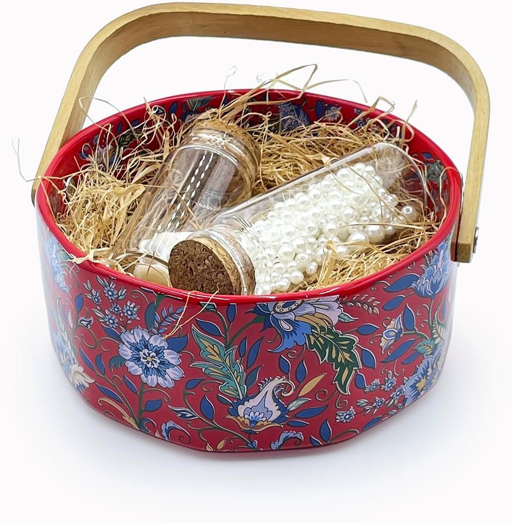 6" Elegant Iris Ceramic Fruit Basket with Detachable Wooden Handle,Candy Dish,Decorative Bowl,Kitchen & Dining Table Office Decor(Red)