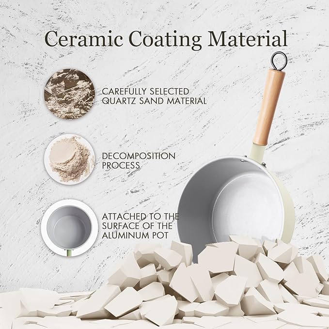 ROCKURWOK Ceramic Nonstick Sauce Pan with Lid, 1.5 Qt Small Pots for Cooking, Small Pot Wooden Handle for Cool Touch, Non Toxic & Pfas-Free Saucepan, Universal Base(Gas, Electric & Induction), White