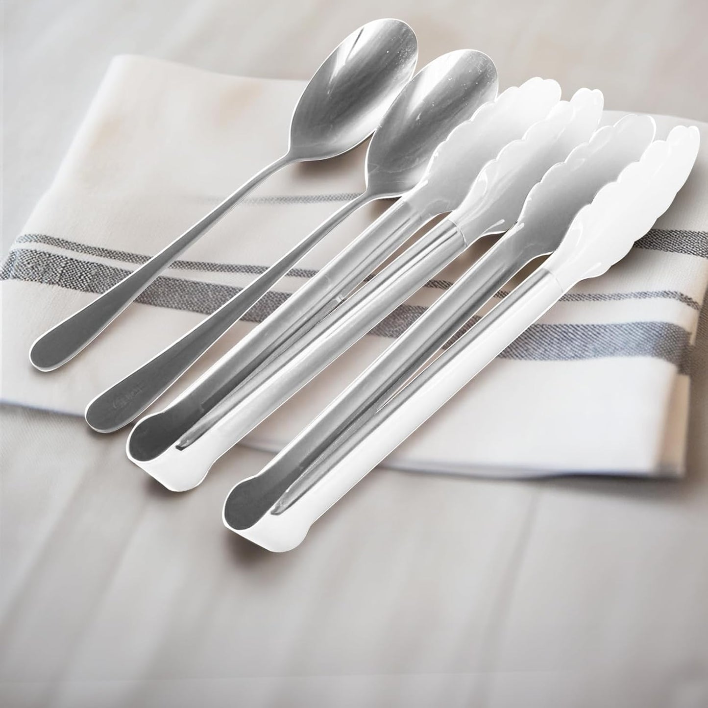 12PCS Stainless Steel Serving Utensils Sets with 8 Large Serving Spoons,4 Serving Tongs,Silver Serving Utensills Sets for Buffet Catering Banquet Party (Silver)