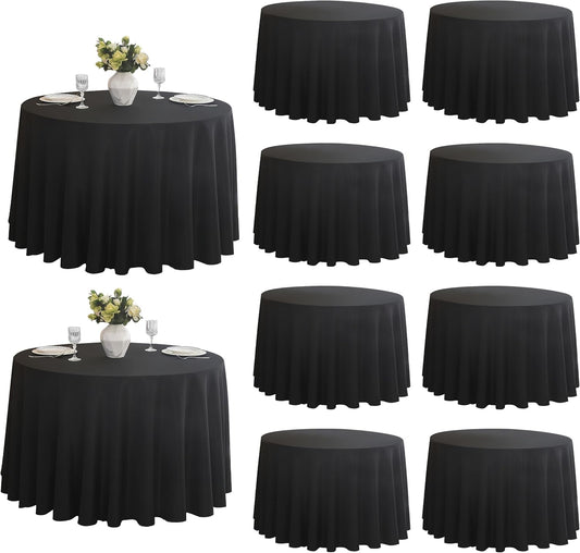 10-Pack Round 120-inch Black Table Cloths, Solid Stain and Wrinkle Resistant Circular Tablecloth, Premium Plain Weave Polyester Fabric Table Linen Covers for Hotel, Banquet