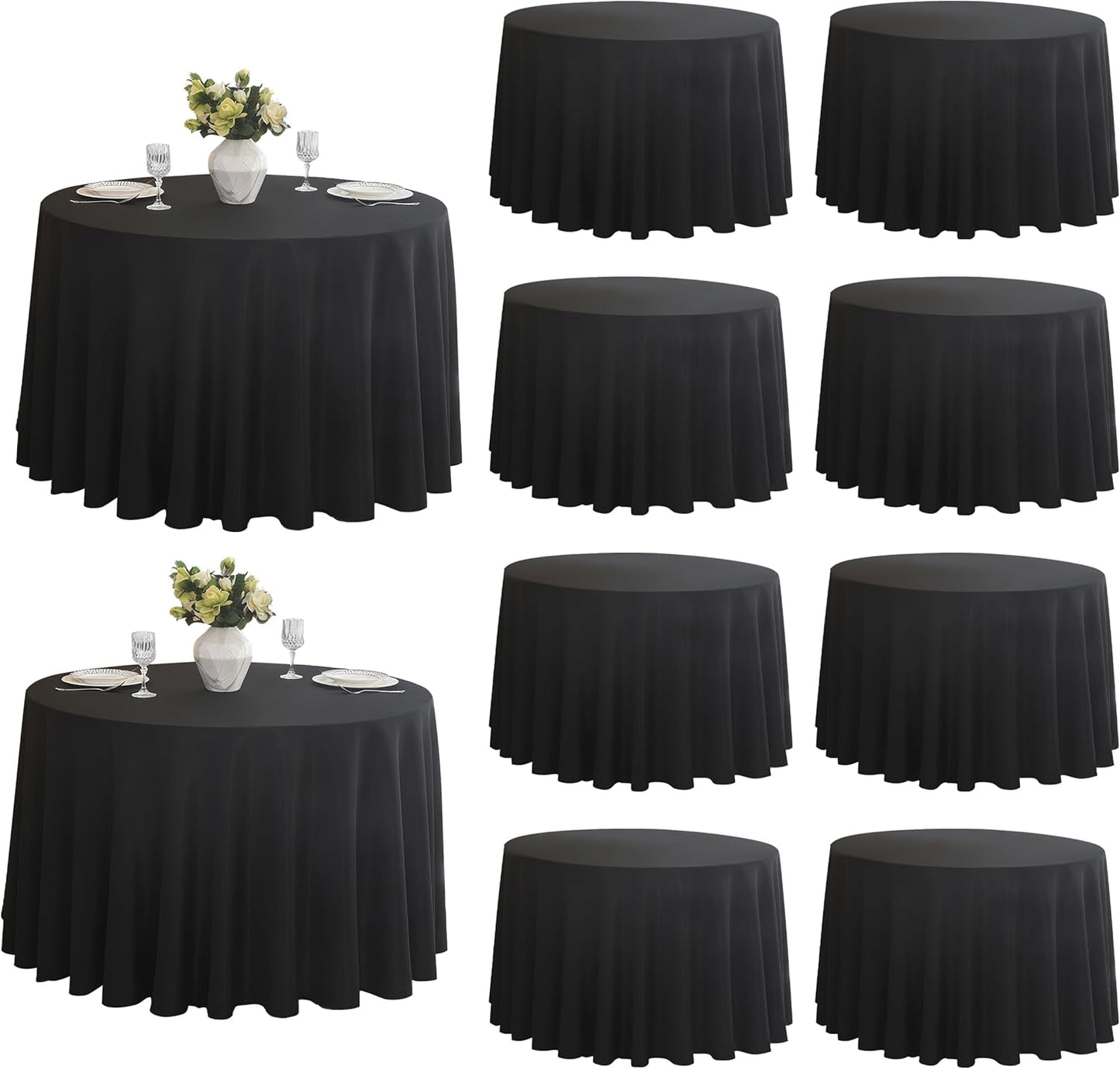 10-Pack Round 108-inch Black Table Cloths, Solid Stain and Wrinkle Resistant Circular Tablecloth, Premium Plain Weave Polyester Fabric Table Linen Covers for Hotel, Banquet