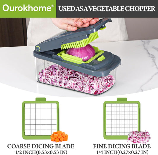 Ourokhome Onion Chopper Dicer with Container, Manual Food Cutter with Handheld Veggie Spiral, Hand Vegetable Mandolin slicer for Potato, Tomato, Carrot, Essential Kitchen Gadget (6 in 1, Gray)