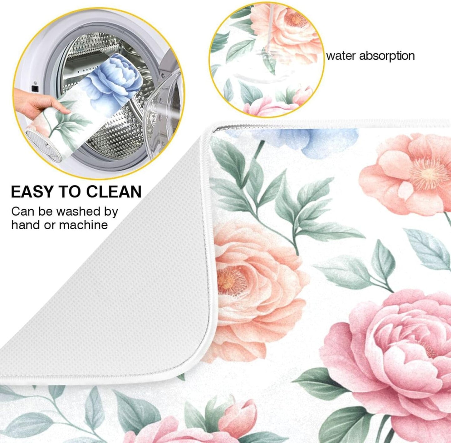 Watercolor Floral Peonies and Roses Dish Drying Mat for Kitchen Counter Super Absorbent Dishes Pad Reversible Microfiber Protector Dish Draining Mats 16x18 inch