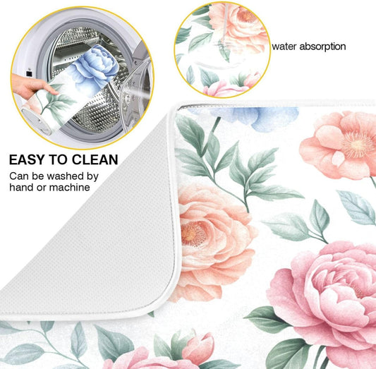 Watercolor Floral Peonies and Roses Dish Drying Mat for Kitchen Counter Super Absorbent Dishes Pad Reversible Microfiber Protector Dish Draining Mats 16x18 inch