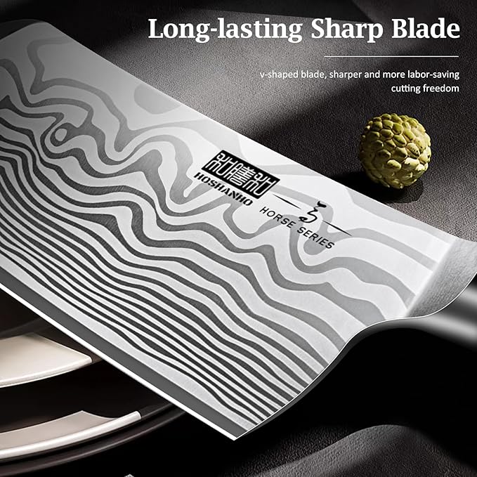 HOSHANHO Cleaver Knife 7 Inch, Razor Sharp High Carbon Powder Steel Meat Cleaver, Professional Butcher Chopper Kitchen Knife for Meat Cutting Vegetable Slicing