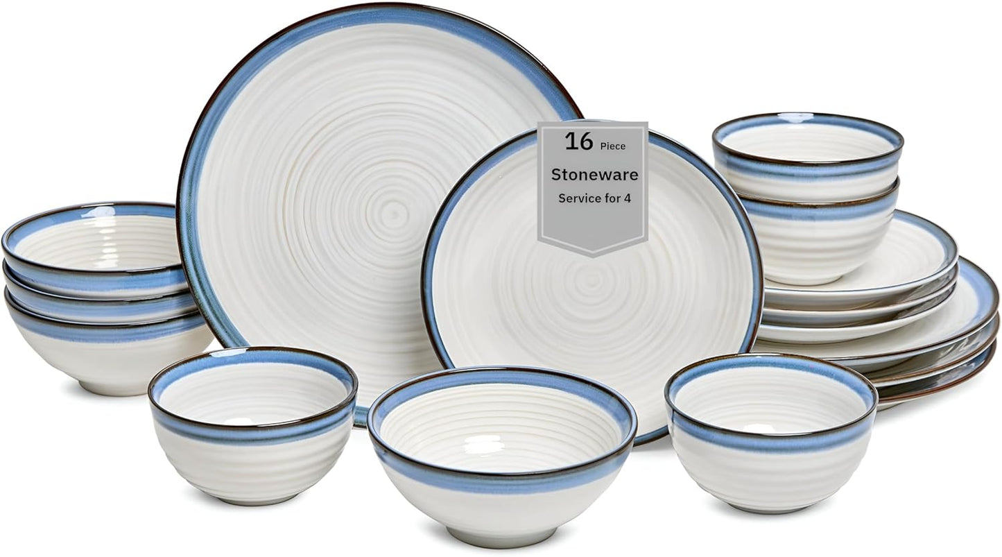 Sango Siterra Santorini 16-Piece Stoneware Dinnerware Set for 4, Ceramic White Plates and Bowls Sets with Blue Rim & Reactive Glaze, Chip Resistant Dish Set, Microwave & Dishwasher Safe Kitchen Dishes