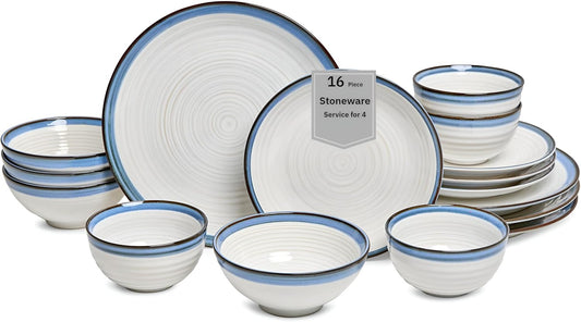 Sango Siterra Santorini 16-Piece Stoneware Dinnerware Set for 4, Ceramic White Plates and Bowls Sets with Blue Rim & Reactive Glaze, Chip Resistant Dish Set, Microwave & Dishwasher Safe Kitchen Dishes