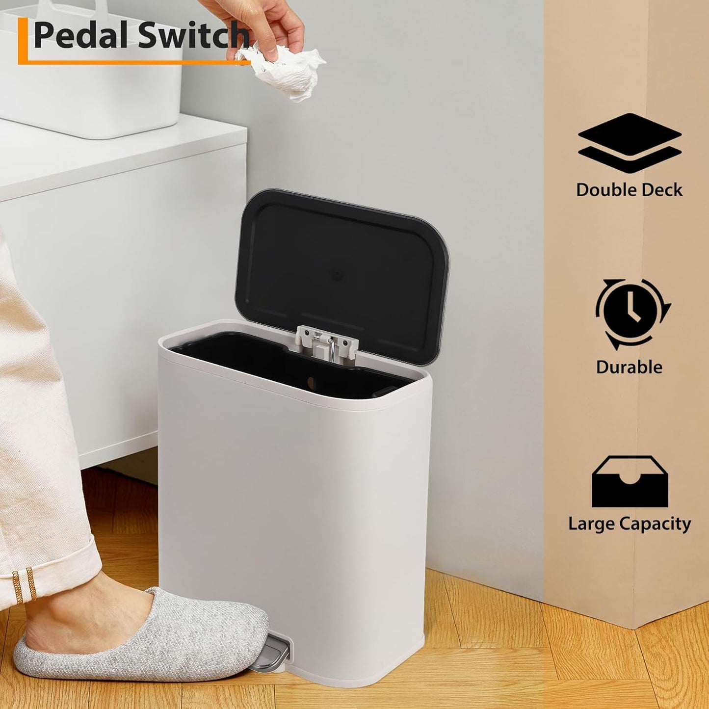 Bathroom Trash Can with Lid, 3.2 Gallon Stainless Steel Garbage Can with Step-On Pedal and Inner Bucket, Rectangular Trash Can for Kitchen Office Living Room Small Spaces (12 L, White)