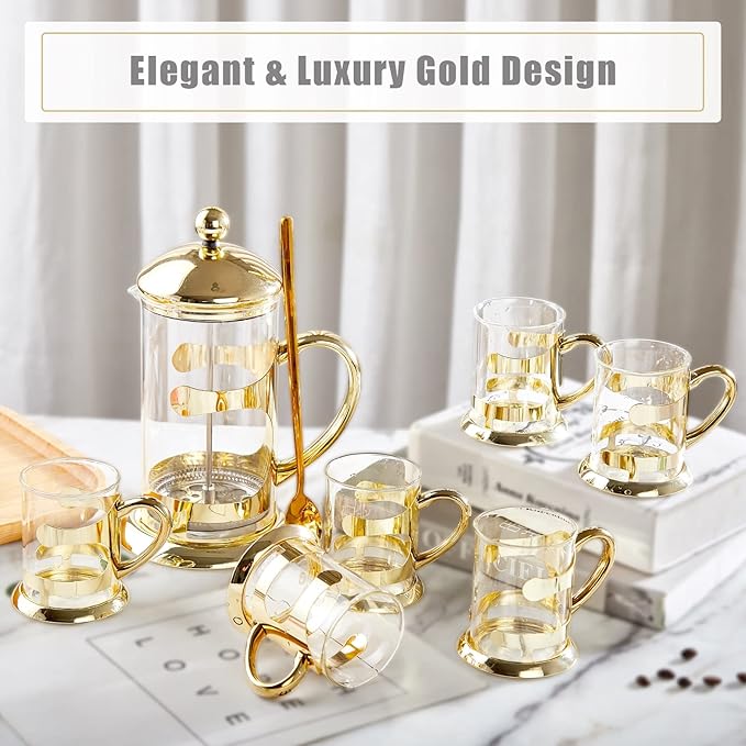 DUJUST Gold French Press Set with 6 Cups & 1 Tray, Luxury Design Coffee Maker Set with 4-Level Filter System, Hot&Cold Resistant Glass French Coffee Press Set, Well Packed, Holiday Gift & Home Décor