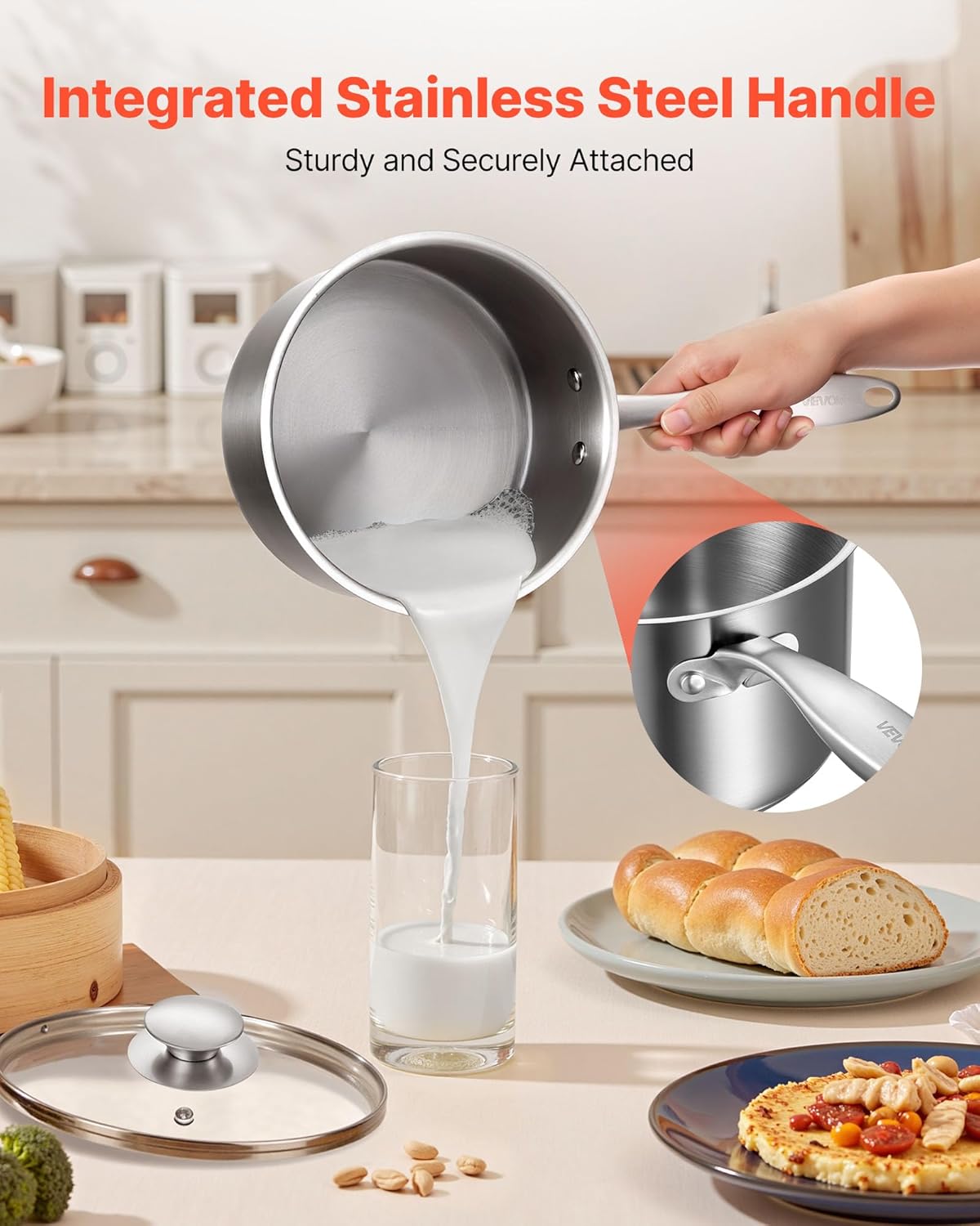 VEVOR 2.5 QT Saucepan with Steamer, Stainless Steel Saucepan with Glass Lid, Multipurpose Nonstick Stainless Steel Sauce Pot with Ergonomic Handle, Friendly for Oven, Dishwasher, Induction Cooker