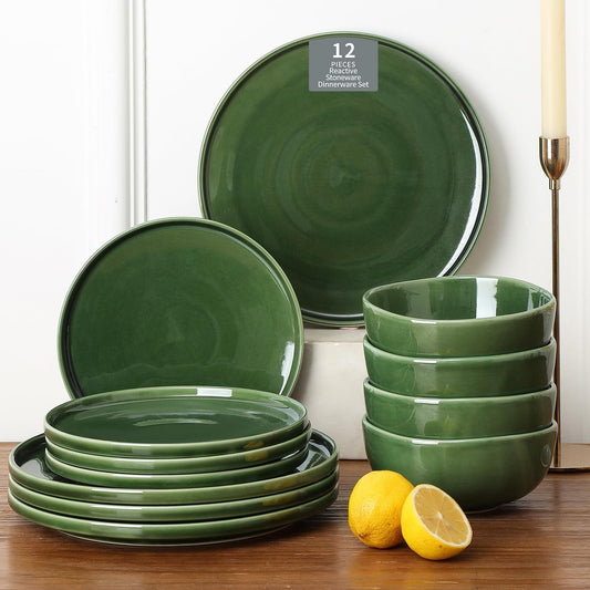 Vicrays Ceramic 12 Pieces Dinnerware Set - Dinner Plates Salad Plates Cereal Bowls Set Service for 4 - Scratch Resistant Microwave Oven Dishwasher Safe - Green
