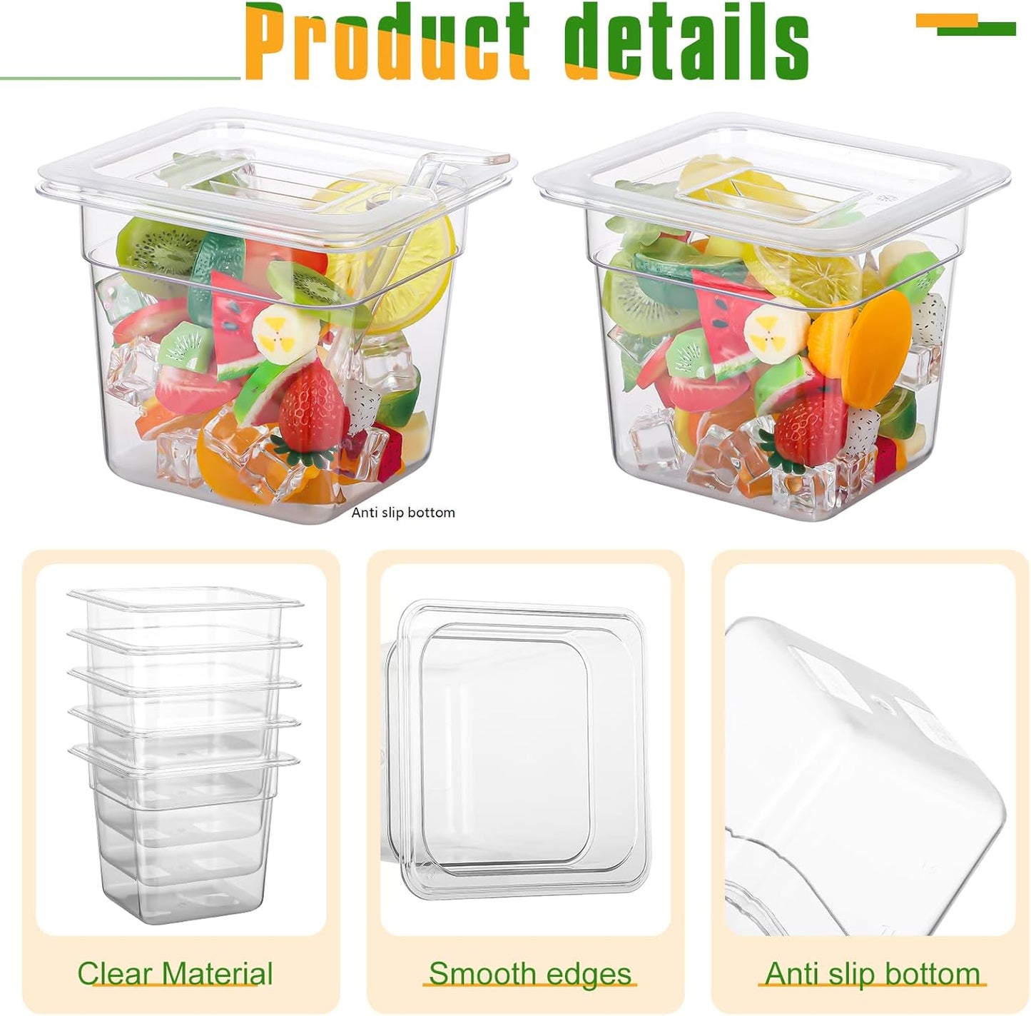 6 Pack Plastic Food Pans with Lids 1/6 Size 6'' Deep Restaurant Food Containers Stackable Clear Polycarbonate Commercial Hotel Pans with 1 Plastic Spoon for Fruits Vegetables