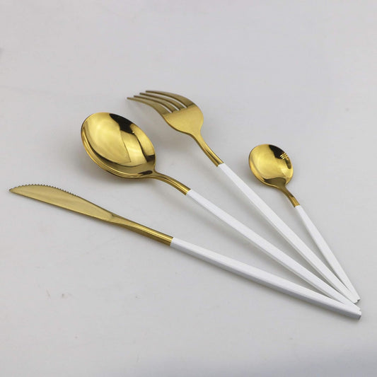 24-Piece Flatware Set, 18/0 Stainless Steel Knife Fork Spoon Teaspoon Silverware Set, Service for 6, White Handle Gold