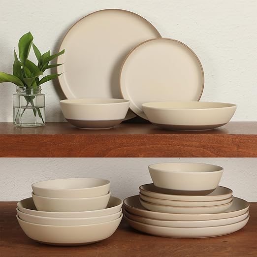 Gibson Elite Laguna Bliss 16 Piece Stoneware Reactive Glaze (Service for 4) Ceramic Plates and Bowls Dinnerware Set - Matte Cream White W/Terracotta Bottom