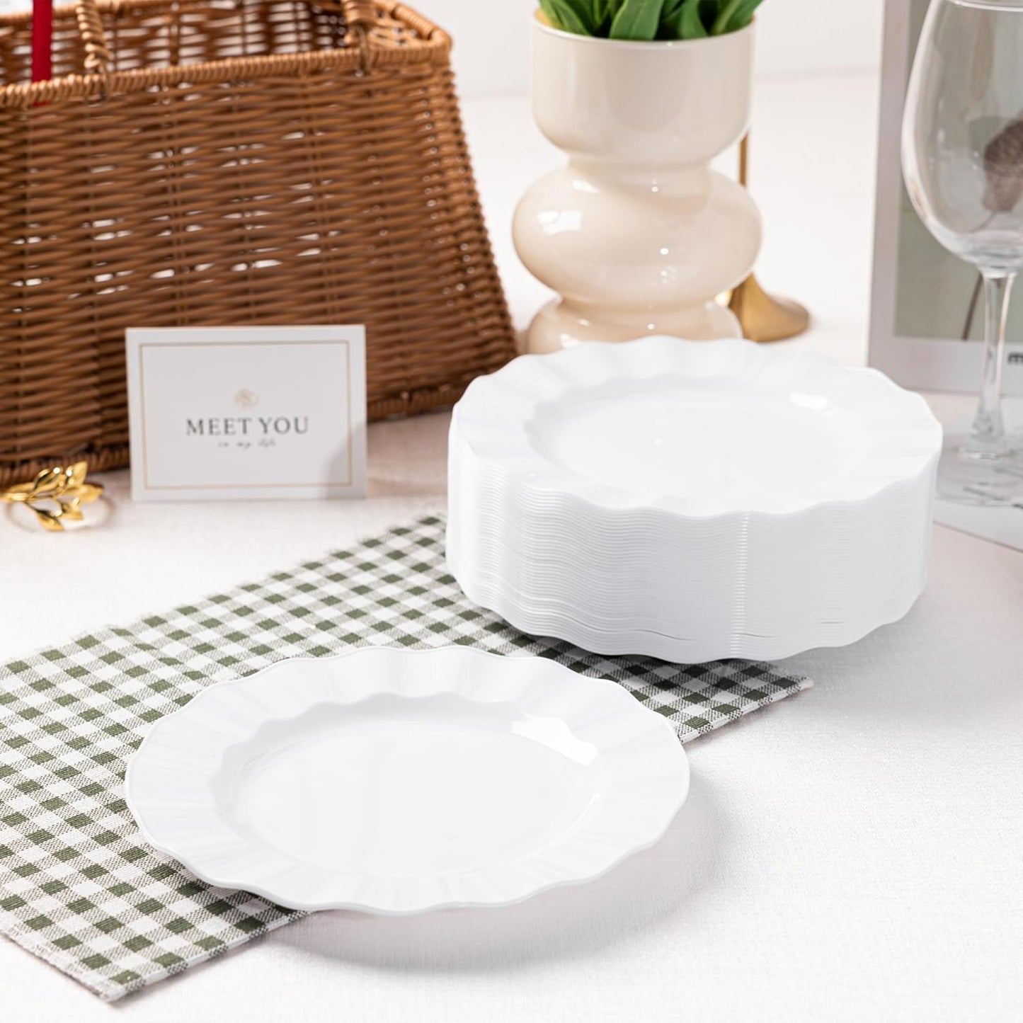 72 Pack White Plastic Plates, 7" Disposable Wave Salad/Dessert Plates Elegant Heavy Duty Plate for Party, Wedding, Thanksgiving, Christmas